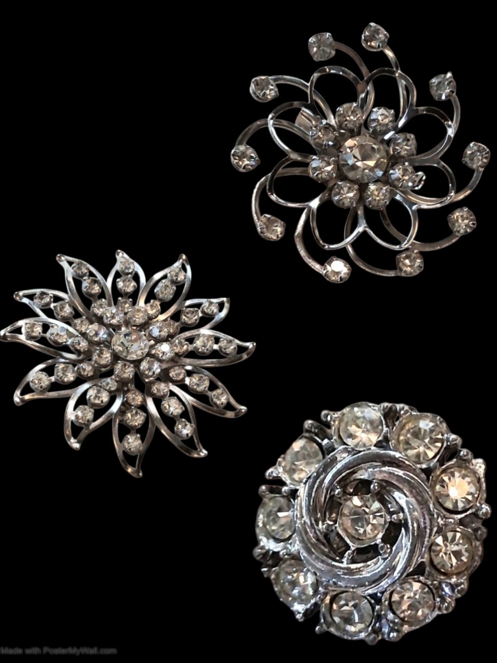 ​Vintage Clear Rhinestone Brooch Lot - 3 Silver Tone Floral & Pinwheel Pins
